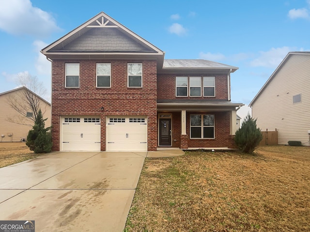 view of front facade featuring a garage, driveway, brick siding, and a front lawn