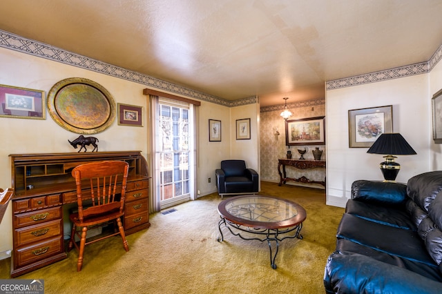 living room featuring carpet floors, visible vents, and baseboards