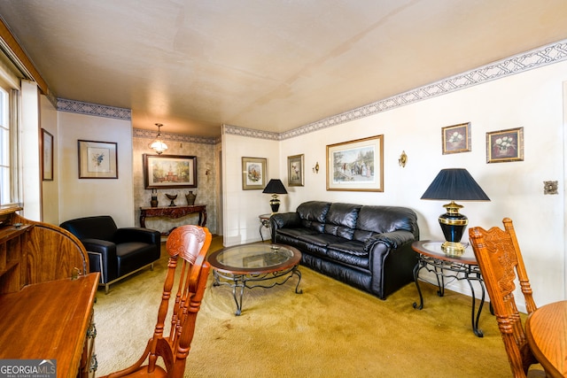 living room with carpet and a fireplace