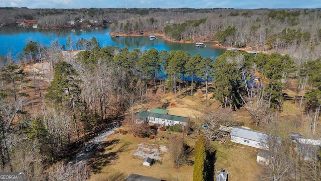 drone / aerial view featuring a water view and a view of trees