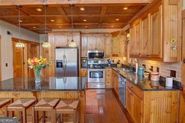 kitchen featuring decorative backsplash, wooden ceiling, appliances with stainless steel finishes, dark wood-style flooring, and a sink