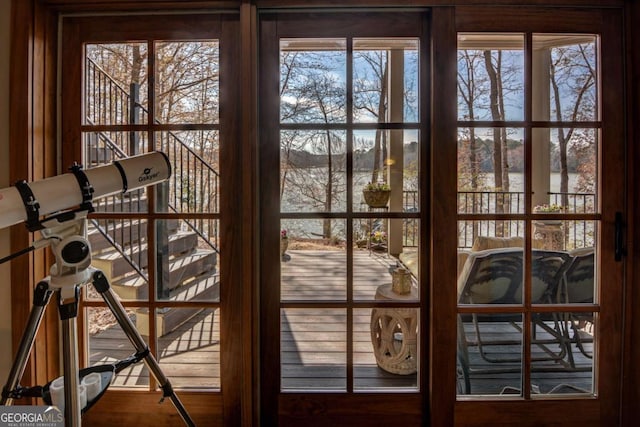 entryway with a water view