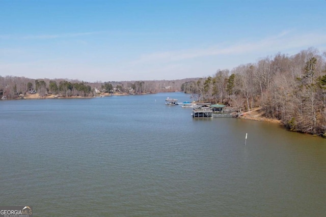 property view of water featuring a boat dock and a wooded view