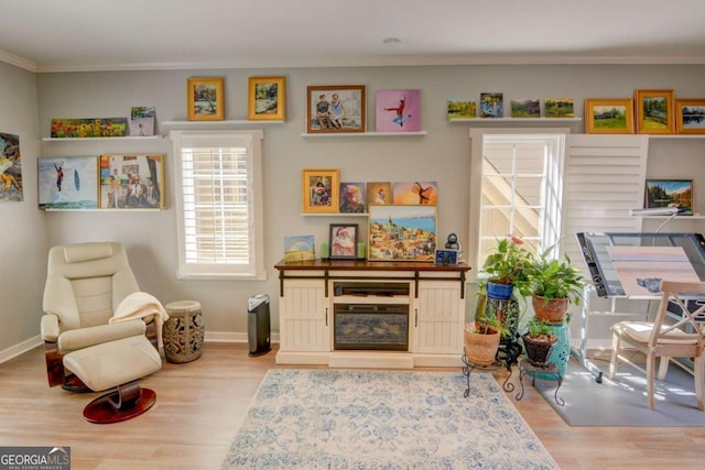 sitting room with crown molding, a fireplace, baseboards, and wood finished floors