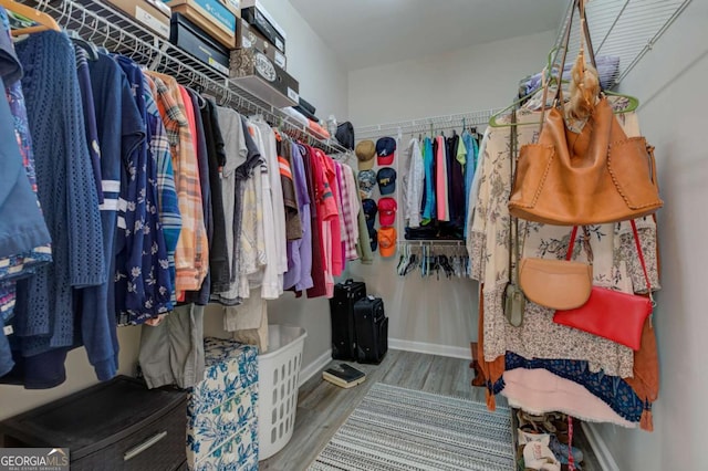 walk in closet with wood finished floors