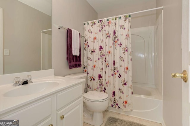 bathroom with toilet, shower / bath combination with curtain, and vanity