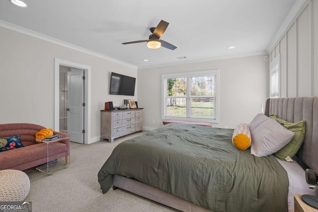 carpeted bedroom with recessed lighting, visible vents, a ceiling fan, baseboards, and ornamental molding