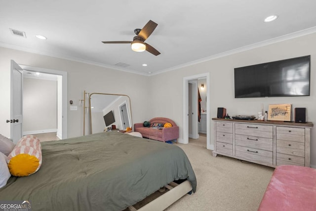 bedroom with visible vents, a ceiling fan, light colored carpet, crown molding, and recessed lighting