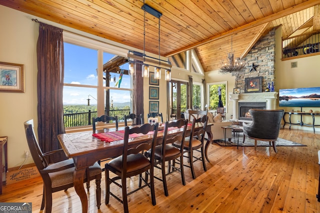 dining room with beam ceiling, an inviting chandelier, wood ceiling, a warm lit fireplace, and hardwood / wood-style flooring