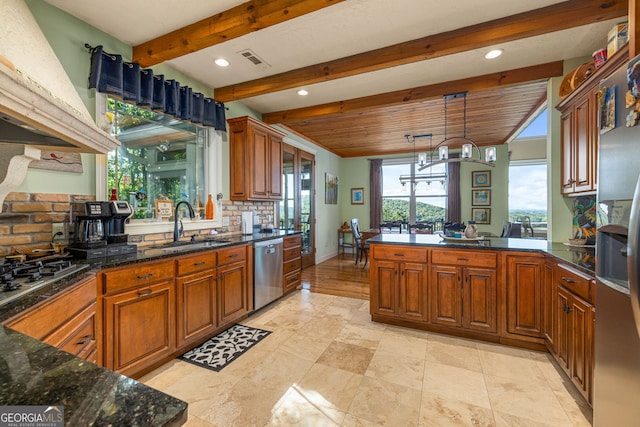 kitchen with custom exhaust hood, stainless steel appliances, visible vents, brown cabinetry, and a sink