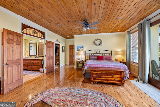 bedroom featuring wooden ceiling, crown molding, wood-type flooring, and baseboards