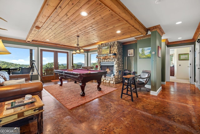 game room with baseboards, pool table, crown molding, a fireplace, and recessed lighting