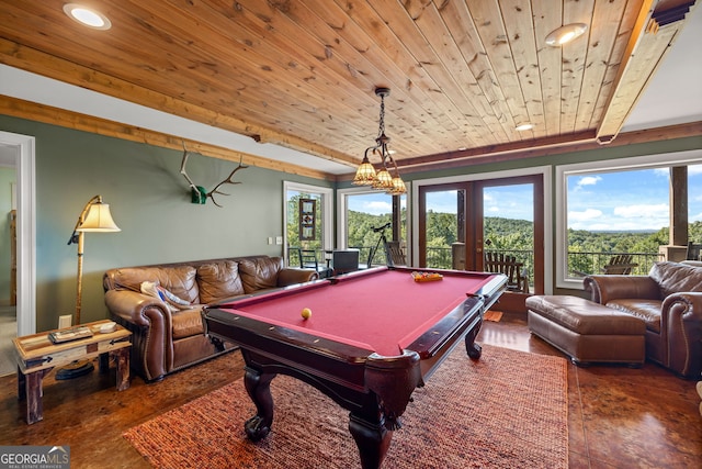 game room featuring wooden ceiling, pool table, and french doors