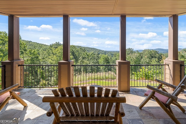 interior space featuring a forest view