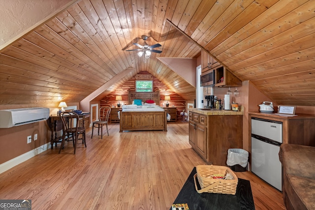 interior space featuring lofted ceiling, light wood-style floors, wood ceiling, and a ceiling fan