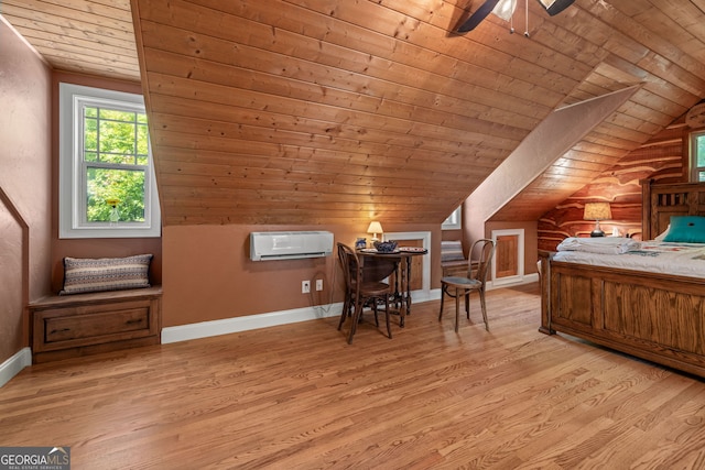 bedroom with vaulted ceiling, a wall mounted AC, wooden ceiling, and light wood-style flooring