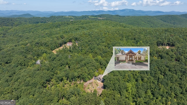 birds eye view of property featuring a forest view and a mountain view