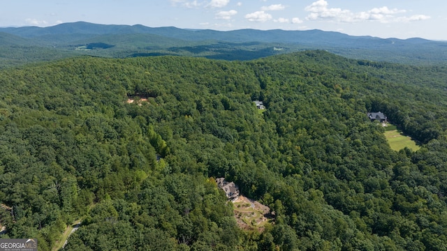 birds eye view of property with a mountain view and a forest view