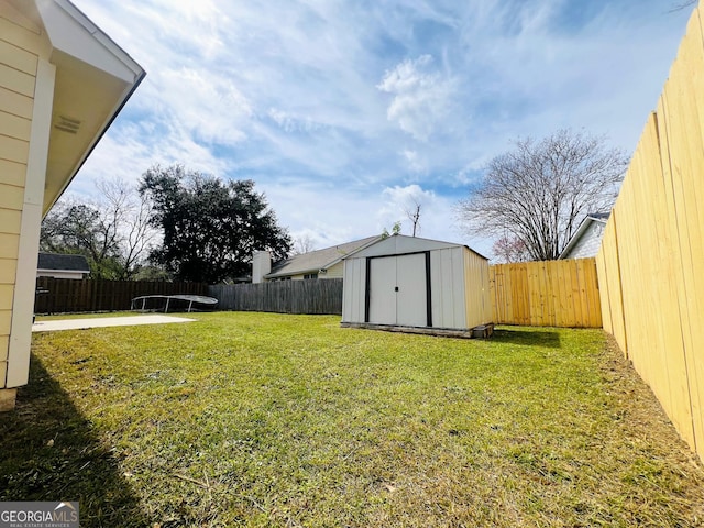 view of yard featuring a storage unit, an outdoor structure, and a fenced backyard