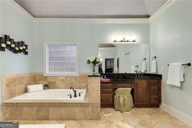 full bathroom featuring crown molding, vanity, and a bath