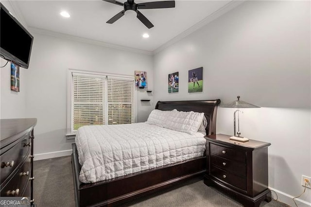 bedroom featuring ceiling fan, recessed lighting, baseboards, ornamental molding, and dark carpet