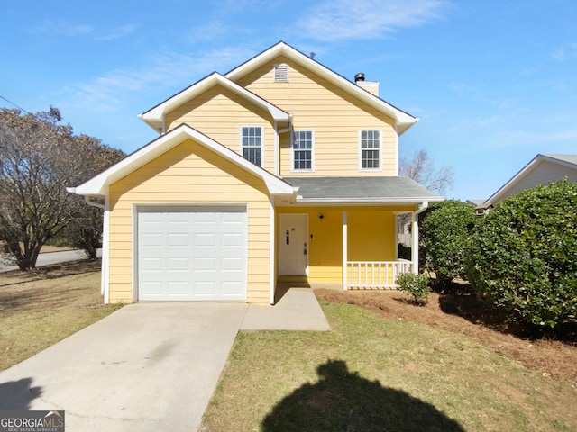 traditional-style house featuring driveway, a garage, a chimney, covered porch, and a front yard