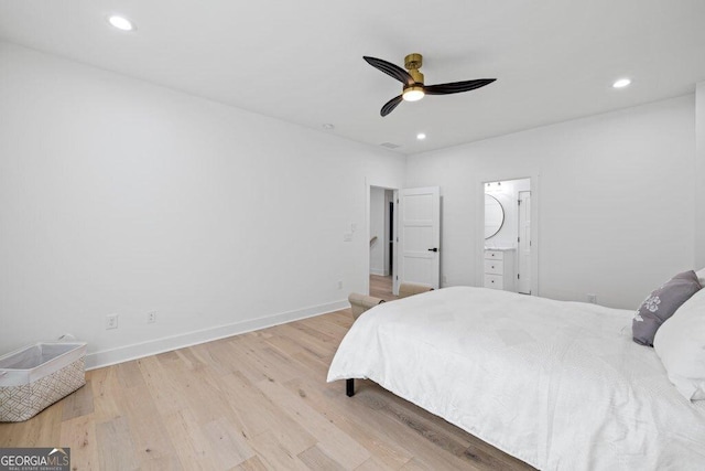 bedroom with ceiling fan, baseboards, wood finished floors, and recessed lighting