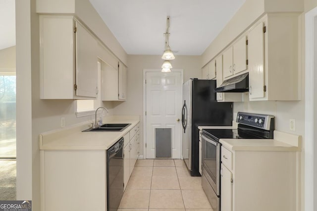 kitchen with stainless steel electric range oven, light tile patterned flooring, a sink, dishwasher, and under cabinet range hood