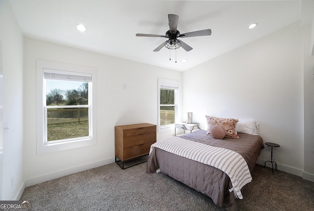 bedroom featuring carpet floors, baseboards, and recessed lighting