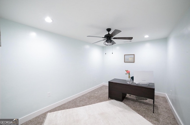 carpeted home office featuring ceiling fan, baseboards, and recessed lighting