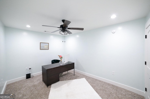 home office with recessed lighting, light colored carpet, ceiling fan, and baseboards