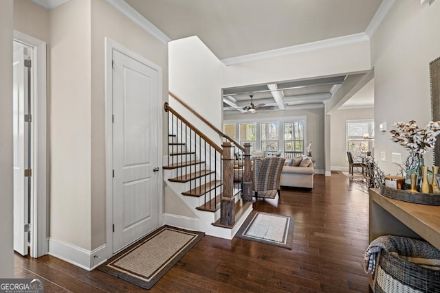 4590 Gablestone Xing, Hoschton, GA 30548 - entryway featuring coffered ceiling, stairway, baseboards, ceiling fan, and wood-type flooring