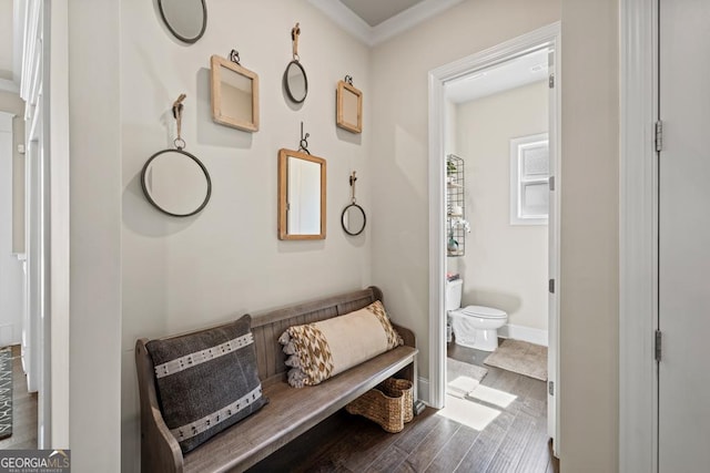 4590 Gablestone Xing, Hoschton, GA 30548 - bathroom featuring toilet, wood finished floors, ornamental molding, and baseboards