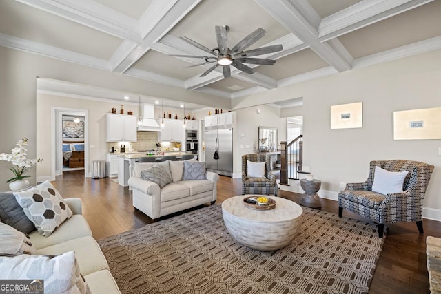 4590 Gablestone Xing, Hoschton, GA 30548 - living area featuring dark wood-style flooring, a ceiling fan, coffered ceiling, beam ceiling, and recessed lighting