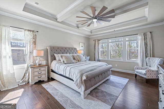 4590 Gablestone Xing, Hoschton, GA 30548 - bedroom featuring ornamental molding, dark wood-style flooring, beamed ceiling, a ceiling fan, and baseboards