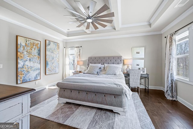 4590 Gablestone Xing, Hoschton, GA 30548 - bedroom with dark wood finished floors, baseboards, a ceiling fan, ornamental molding, and beam ceiling