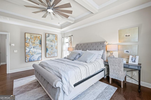 4590 Gablestone Xing, Hoschton, GA 30548 - bedroom with wood finished floors, baseboards, crown molding, beamed ceiling, and ceiling fan