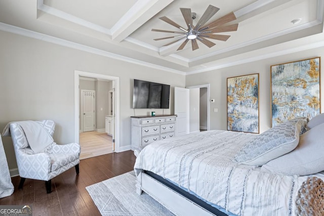 4590 Gablestone Xing, Hoschton, GA 30548 - bedroom with dark wood-style flooring, crown molding, a tray ceiling, beam ceiling, and ensuite bathroom