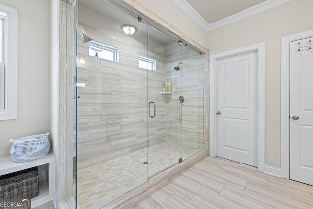 4590 Gablestone Xing, Hoschton, GA 30548 - full bathroom featuring a stall shower and ornamental molding