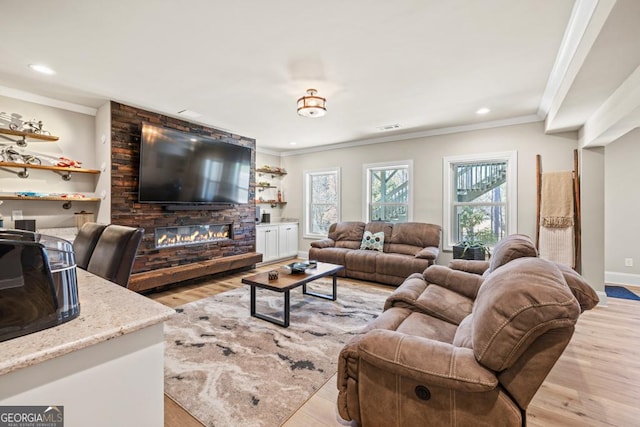 4590 Gablestone Xing, Hoschton, GA 30548 - living area featuring ornamental molding, wood finished floors, a fireplace, recessed lighting, and baseboards