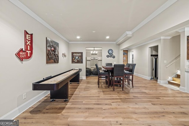 4590 Gablestone Xing, Hoschton, GA 30548 - dining space featuring light wood-style flooring, stairway, recessed lighting, crown molding, and baseboards