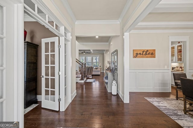 4590 Gablestone Xing, Hoschton, GA 30548 - entrance foyer featuring french doors, crown molding, hardwood / wood-style floors, stairway, and a ceiling fan
