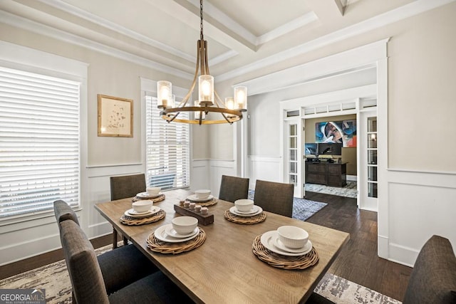 4590 Gablestone Xing, Hoschton, GA 30548 - dining space featuring a chandelier, french doors, dark wood-style flooring, beamed ceiling, and wainscoting