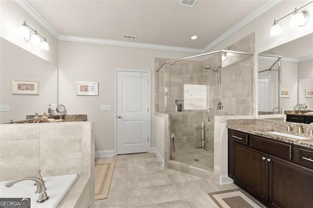 full bath featuring ornamental molding, a stall shower, and visible vents