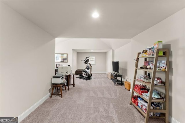 recreation room featuring recessed lighting, carpet flooring, and baseboards