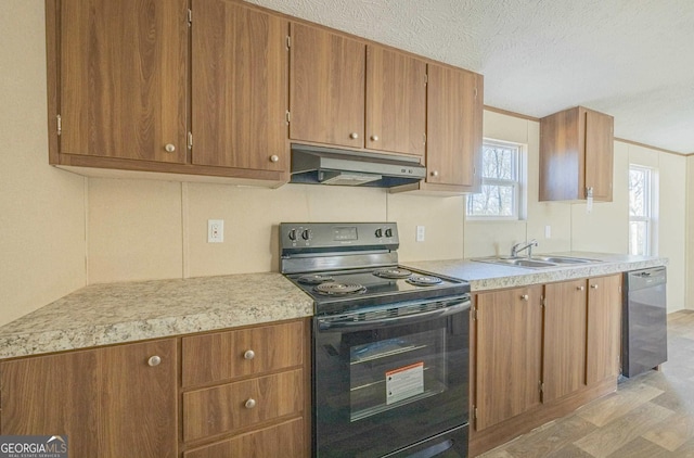 kitchen featuring black range with electric cooktop, under cabinet range hood, a sink, light countertops, and dishwasher