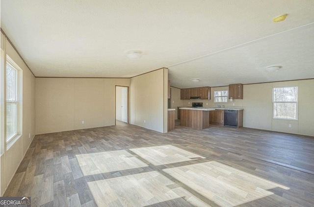 unfurnished living room featuring light wood-type flooring and a sink