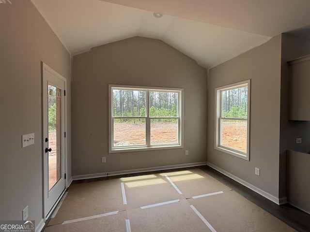 interior space featuring plenty of natural light, baseboards, and lofted ceiling