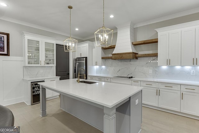 kitchen featuring beverage cooler, open shelves, stainless steel fridge with ice dispenser, a sink, and light countertops