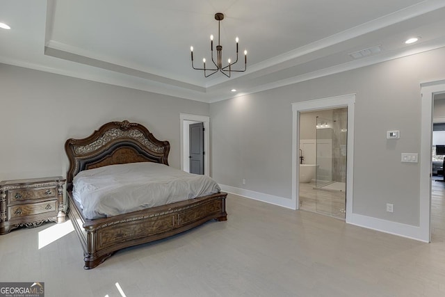 bedroom featuring visible vents, baseboards, a raised ceiling, and an inviting chandelier